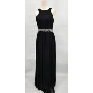 Xtraordinary Junior's 1 Black Lace Top Beaded Waist Formal Maxi Dress
